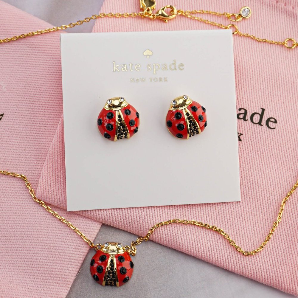 SET of 2: Kate Spade Little Ladybug Earrings and Necklace Matching Bundle Set